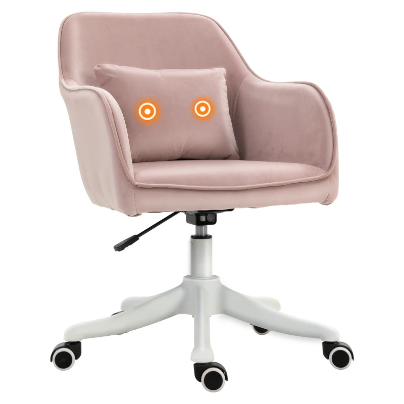 Vinsetto Pink Velvet Office Chair with Massage Lumbar Pillow, Rolling Wheels - Stylish Desk & Makeup Vanity Chair for Home
