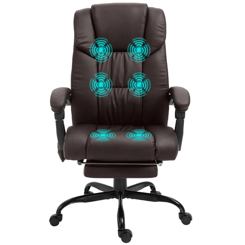 Vinsetto 6-Point Massage Office Chair - Adjustable PU Leather Desk Chair with Footrest for Home Office, Brown