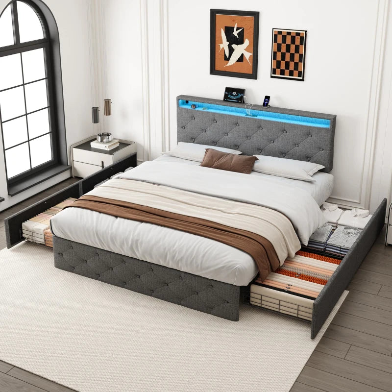 Modern Grey Double Upholstered Bed with Storage Drawers & Adjustable Button Tufted Headboard - 200L x 142W x 109H cm