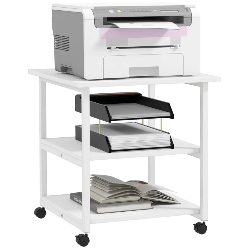 Three-Tier White Steel Printer Stand on Wheels - Mobile Storage Solution for Home Office & Workspace Organization