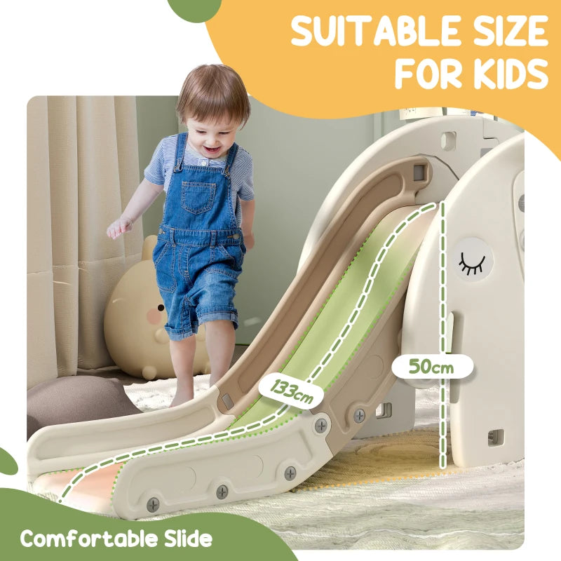 3 in 1 Toddler Slide with Basketball Hoop and Climber for Ages 1-3 Elephant Theme Cream White