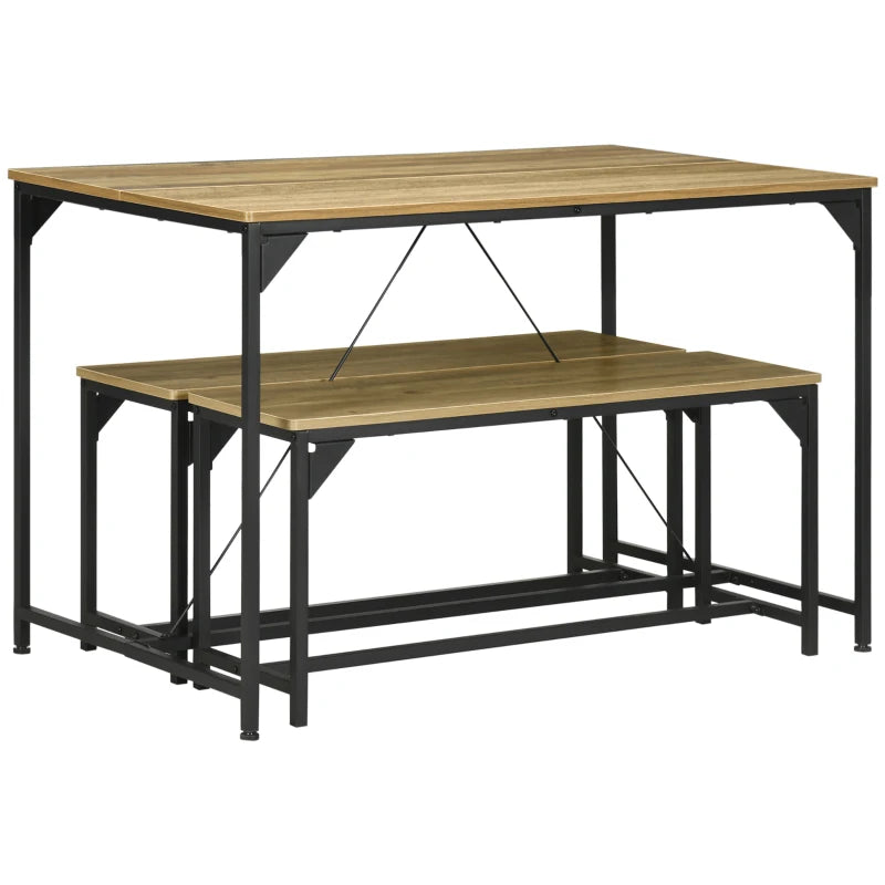 Natural Dining Table and Bench Set for 4 - Space Saving Kitchen Furniture with 2 Benches - Perfect for Dining Rooms