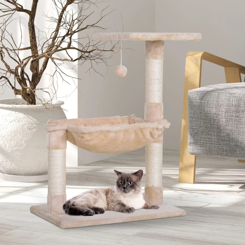 Beige Cat Scratch Post with Bed - Indoor Cat Tree & Hammock, Sisal Scratching Posts for Active Kittens