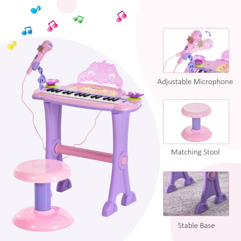32 Keys Kids Mini Electronic Keyboard - Educational Musical Instrument Toy with Stool & Microphone for Children - Grand Piano Style