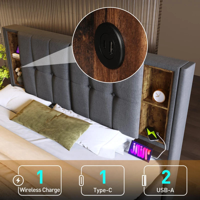 Grey Double Bed with Storage, Wireless Charging Headboard & Fast Charging Ports - Pine Wood Frame for Modern Bedrooms