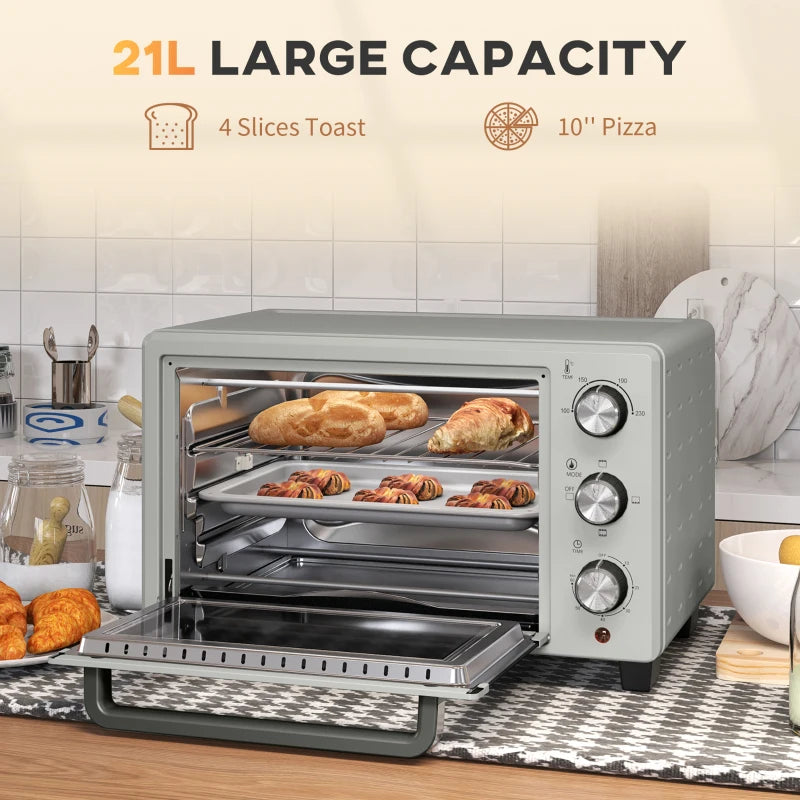 21L Mini Countertop Oven - Adjustable Temperature 100°C-230°C, Sleek Silver Design, Perfect for Baking & Cooking