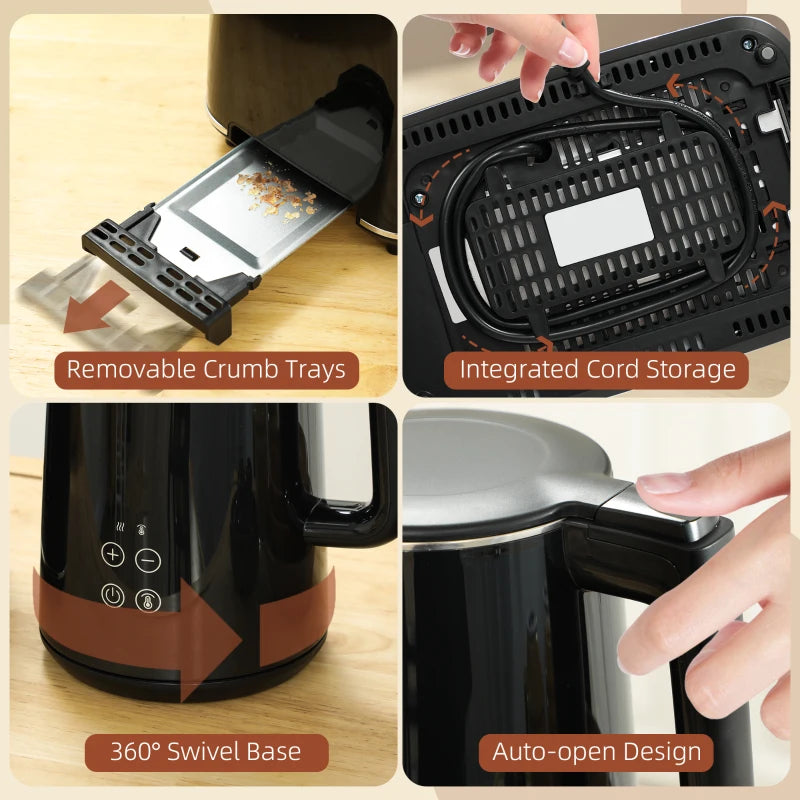 Polished Black Stainless Steel Kettle and Toaster Set - Stylish Kitchen Appliances for Modern Homes