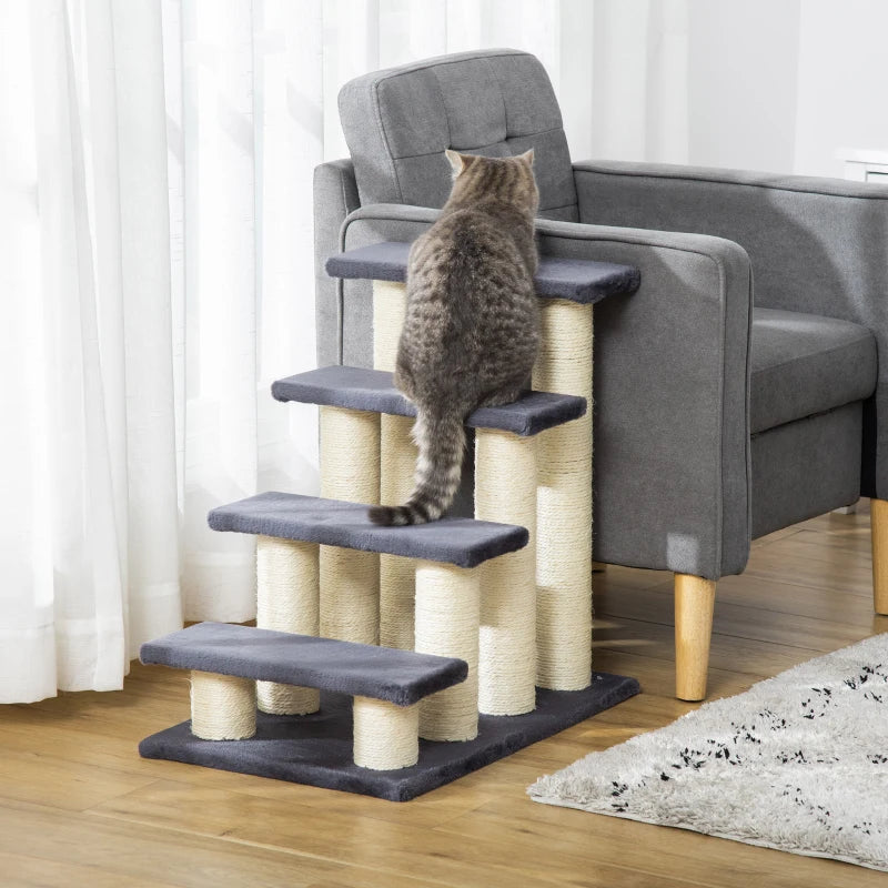 4-Step Dog Steps for Bed - Pet Stairs & Cat Ladder - Grey Scratch Post Design for Easy Access