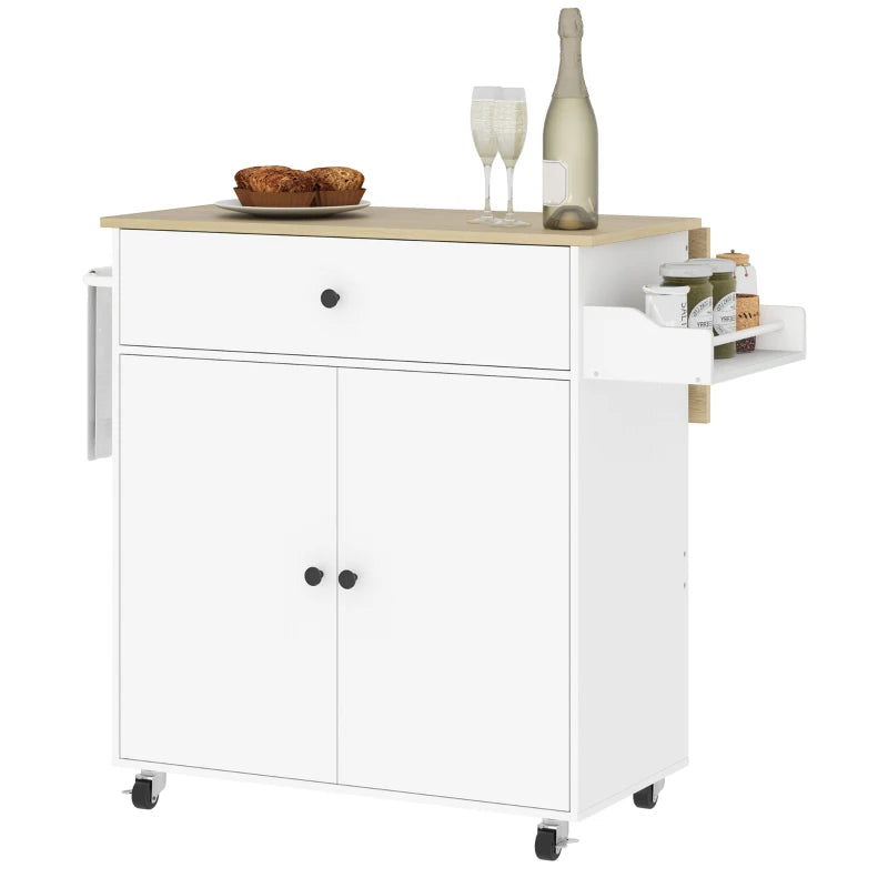 Rolling Kitchen Island with Drop Leaf - White Kitchen Storage Cart with Drawer, Spice Rack & Towel Rack