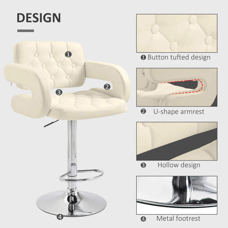 Set of 2 Upholstered Swivel Bar Stools - Height Adjustable with Back, Armrest & Footrest - Modern White Kitchen Seating