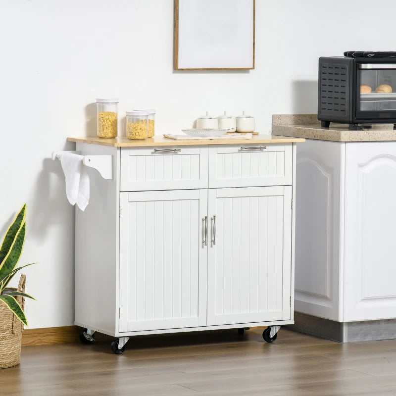 White Kitchen Island Utility Cart with 2 Storage Drawers & Cabinets - Perfect for Dining Room Organization