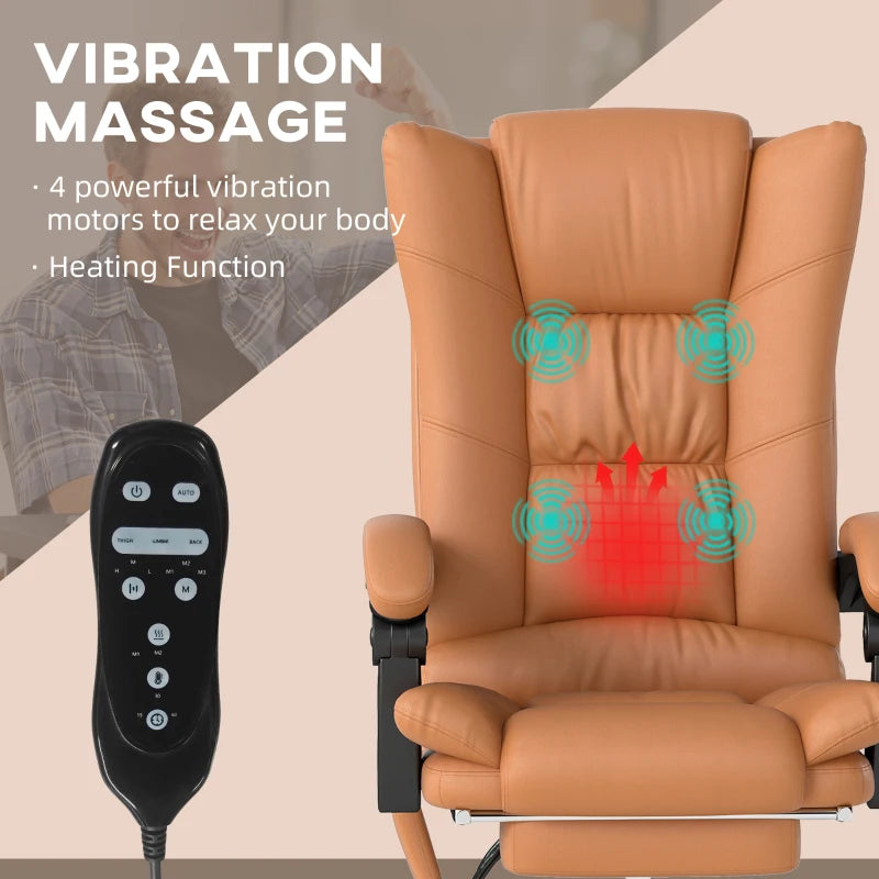 Vinsetto High Back Massage Office Chair with Heat, Reclining PU Leather Computer Chair, 135° Recline & Footrest - Light Brown