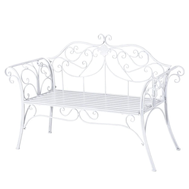 White Antique Garden Bench with Cast Iron Backrest - 2 Seater Outdoor Chair