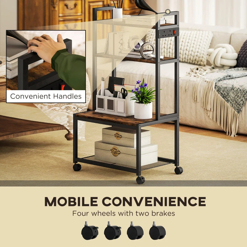 Rustic Brown 4-Tier Printer Stand with Power Outlets & Wheels - Mobile Office Storage Solution