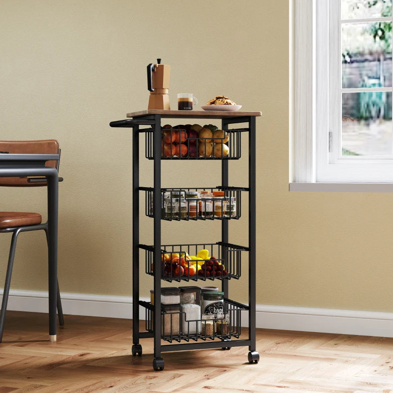 Stylish Four Basket Mobile Kitchen Island with Brakes - Oak and Black Finish for Easy Mobility and Storage