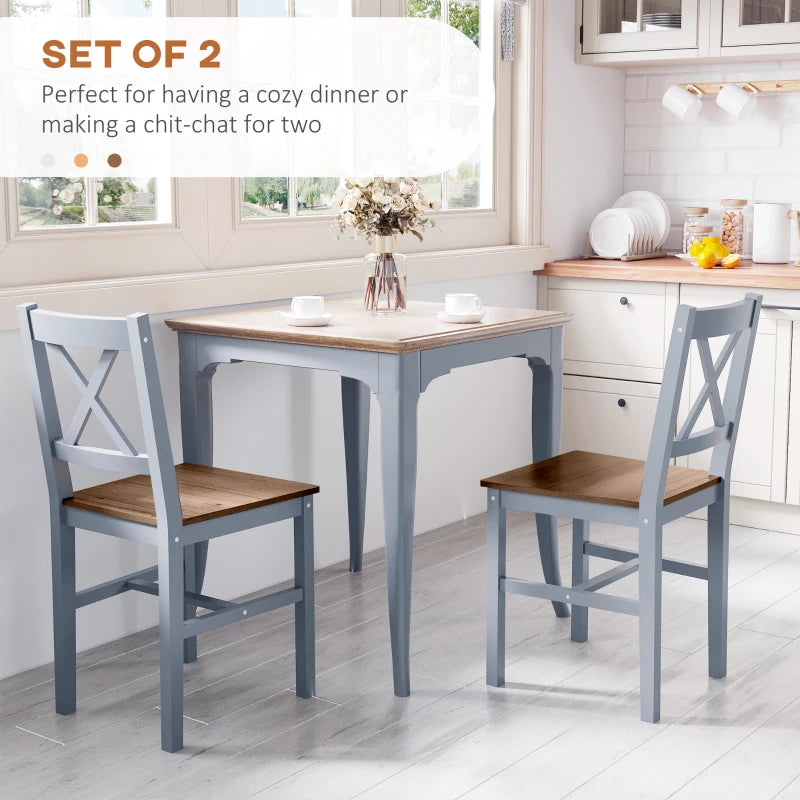 Set of 2 Grey Pine Wood Dining Chairs with Cross Back Design - Solid Kitchen & Living Room Seating