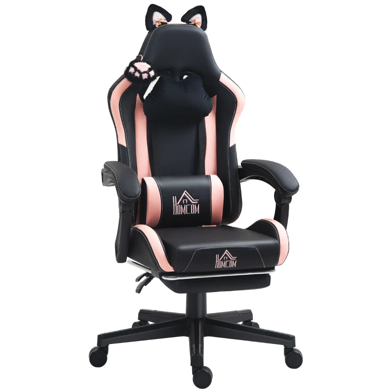Cat Ear & Paw Reclining Office Chair with Footrest - Stylish Black & Pink Gaming Chair for Cat Lovers