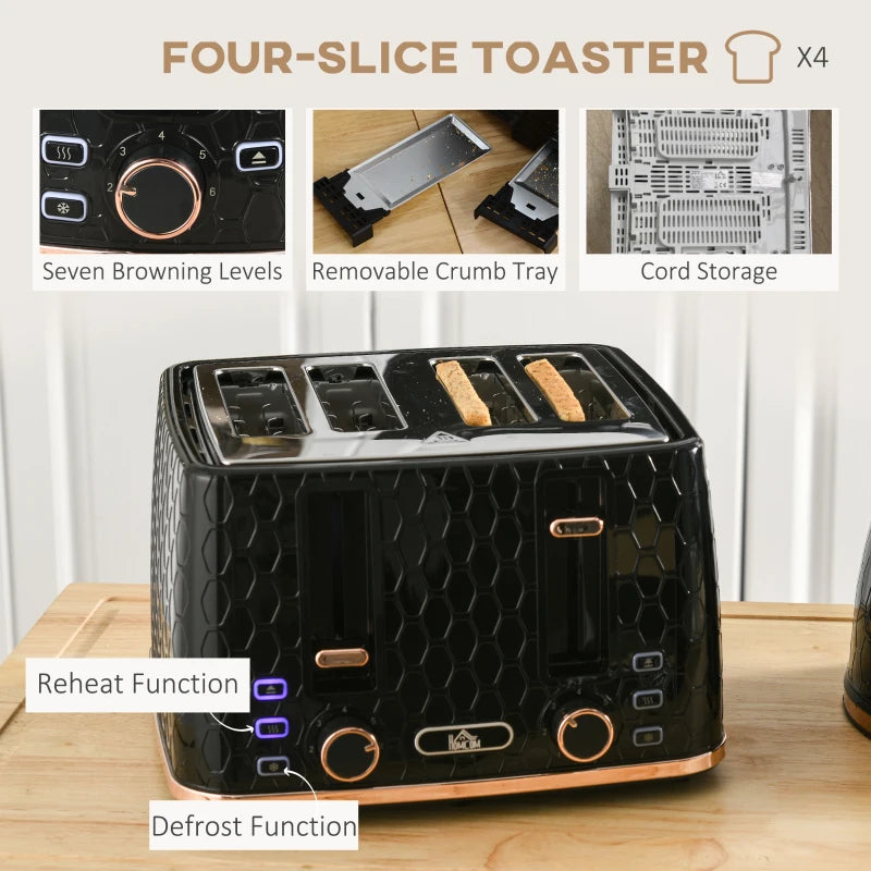 1.7L 3000W Fast Boil Kettle & 4 Slice Toaster Set - Black, 7 Browning Controls, Crumb Tray, Kitchen Essentials
