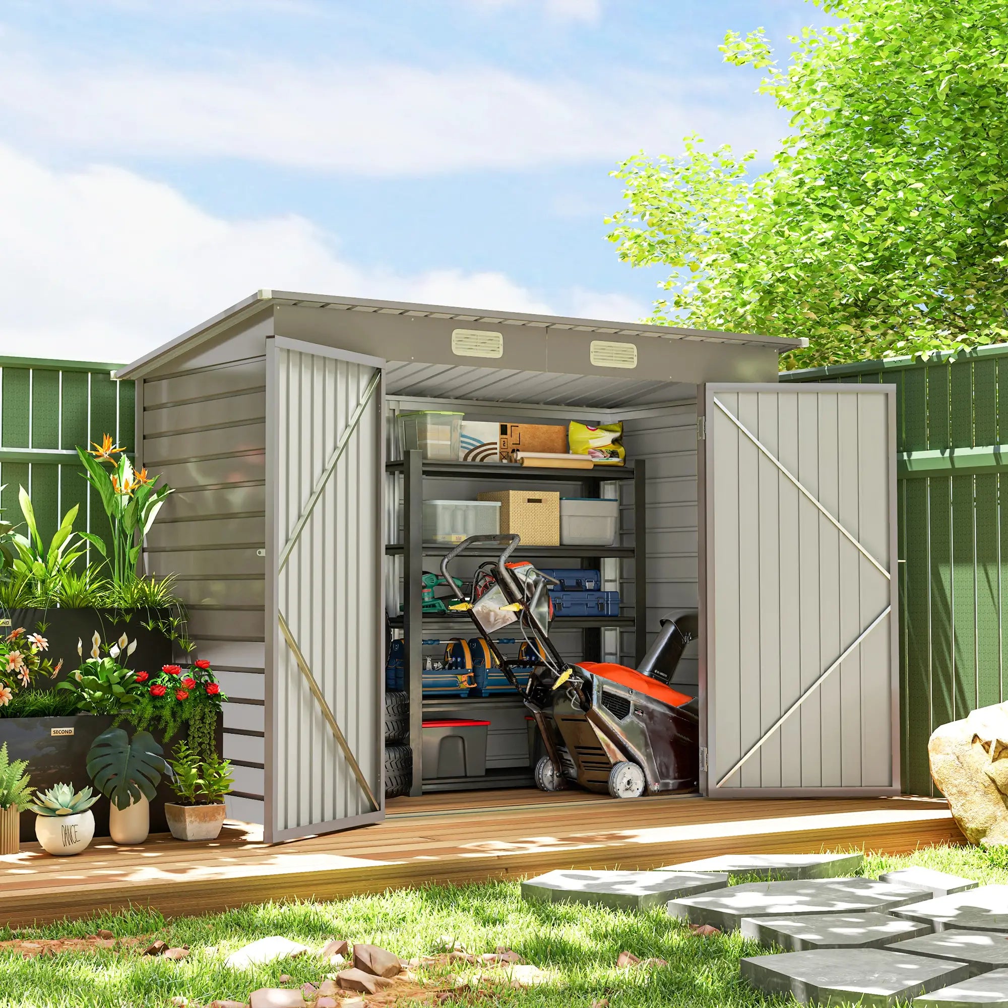 3.7ft x 7.9ft Light Grey Metal Shed With Latched Door, Gloves and Padlock