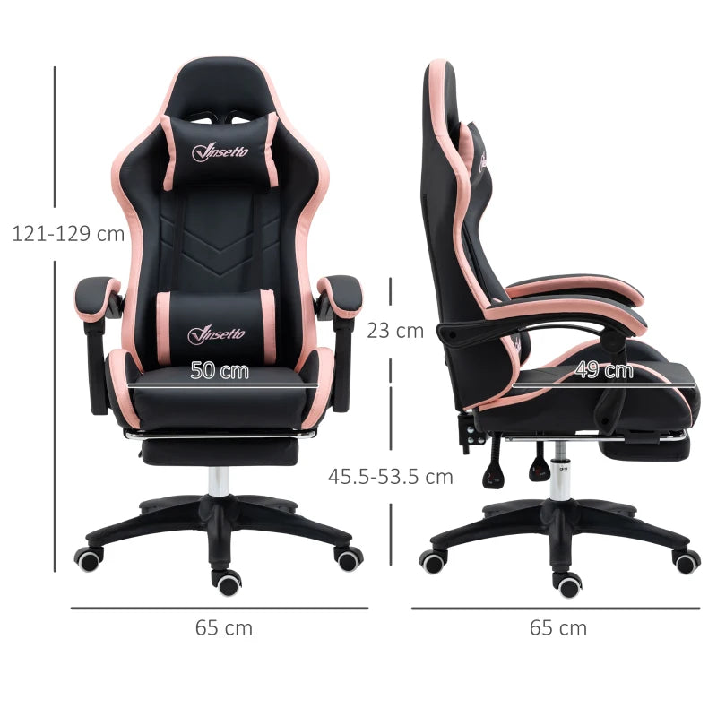 Vinsetto Gaming Chair with Footrest - PU Leather Office Desk Chair, 135° Recline, Lumbar Support, Headrest, Black & Pink