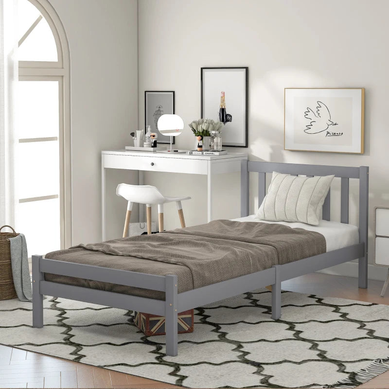 3ft Single Bed Frame with Headboard & Footboard - Easy Assembly Daybed for Teens & Adults - Grey Wood Slat Support 196x94x77 cm