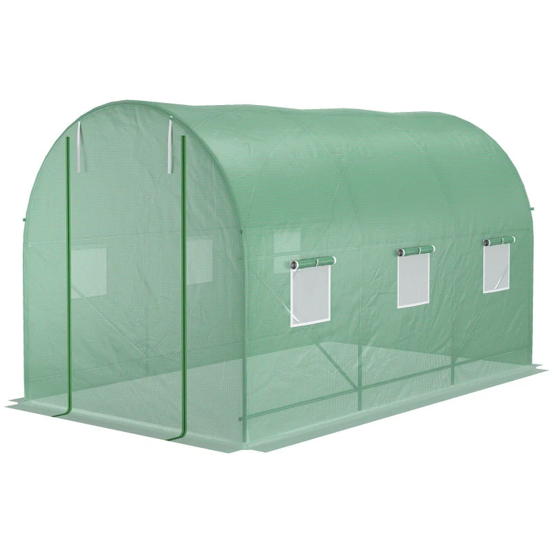 Green Walk-In Polytunnel Greenhouse, Steel Frame, PE Cover, Roll-Up Door, 6 Windows