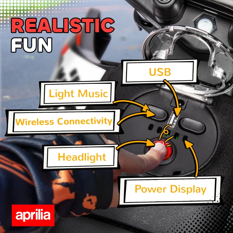 Licensed 12V Kids Motorbike with Training Wheels LED Headlight Music Red Black