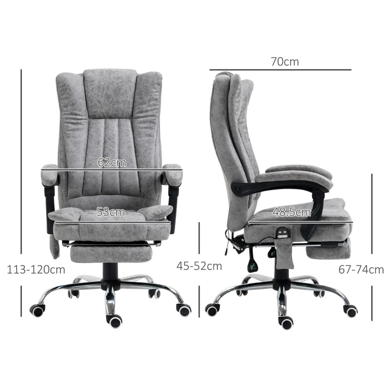 Vinsetto Grey Office Chair with Massage & Heat, Reclining Microfibre Desk Chair with Footrest, Adjustable Height & Swivel Wheels