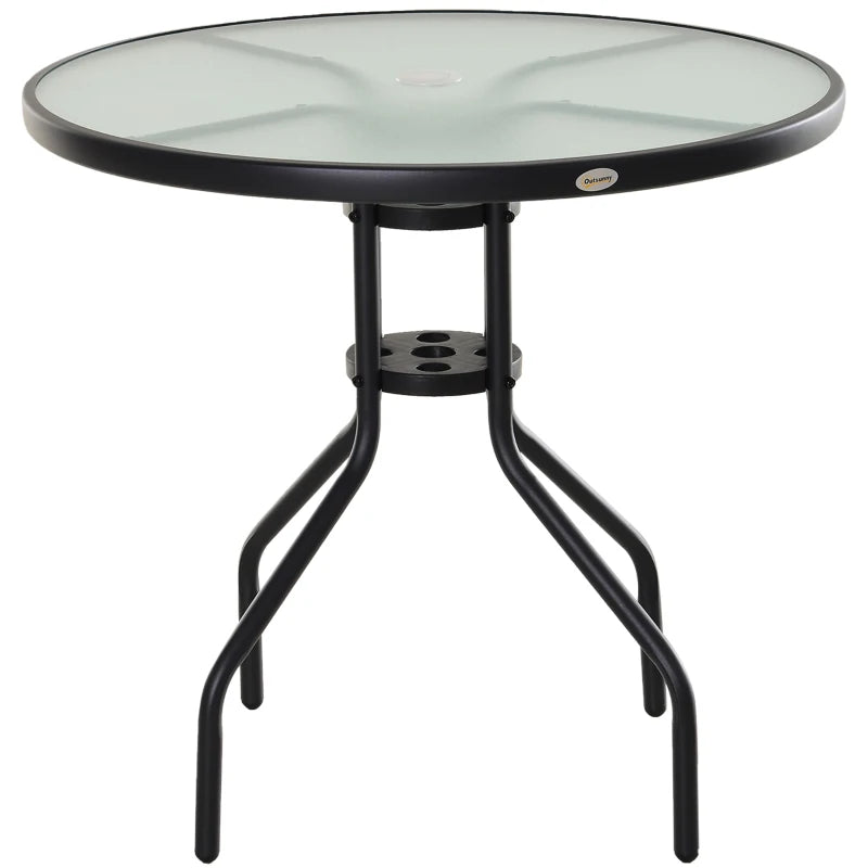 Round Outdoor Patio Table with Parasol Hole - 80cm, Tempered Glass Top, Black
