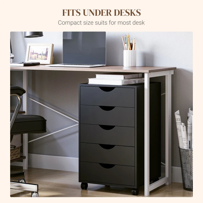 Modern 5 Drawer Mobile Filing Cabinet - Vertical Office Storage Organizer, Rolling Cupboard in Black for Efficient Workspace
