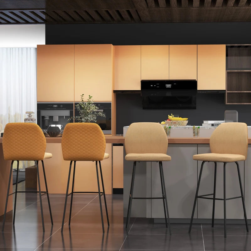 Set of 4 Linen-Touch Upholstered Bar Stools with Backs, Steel Legs - Light Brown Kitchen Chairs for Dining Room