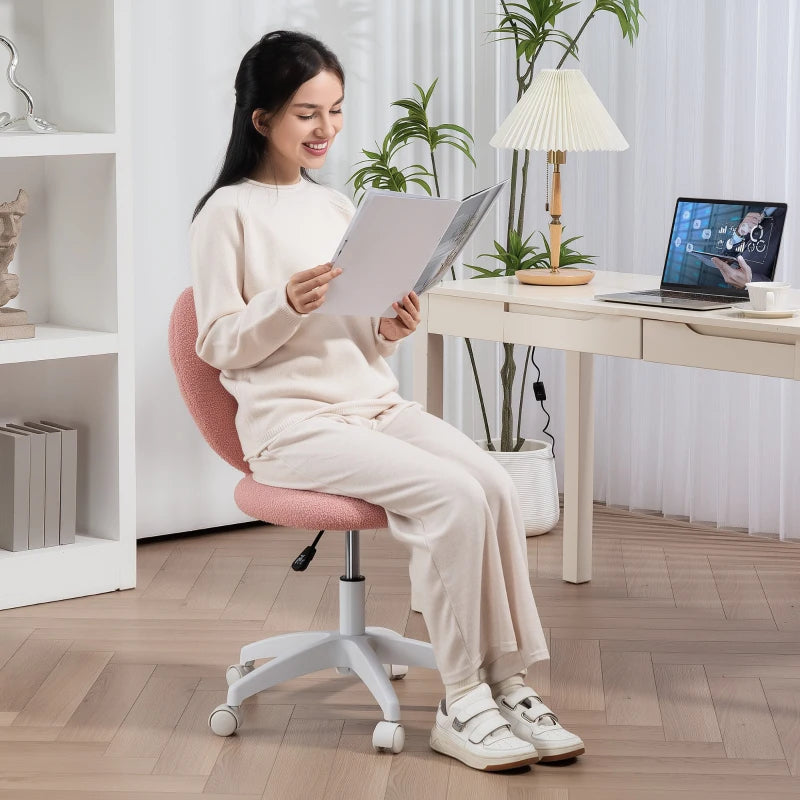 Pink Armless Heart Computer Desk Chair - Teddy Fleece Swivel Office & Makeup Vanity Chair, Height Adjustable with Wheels for Home Study