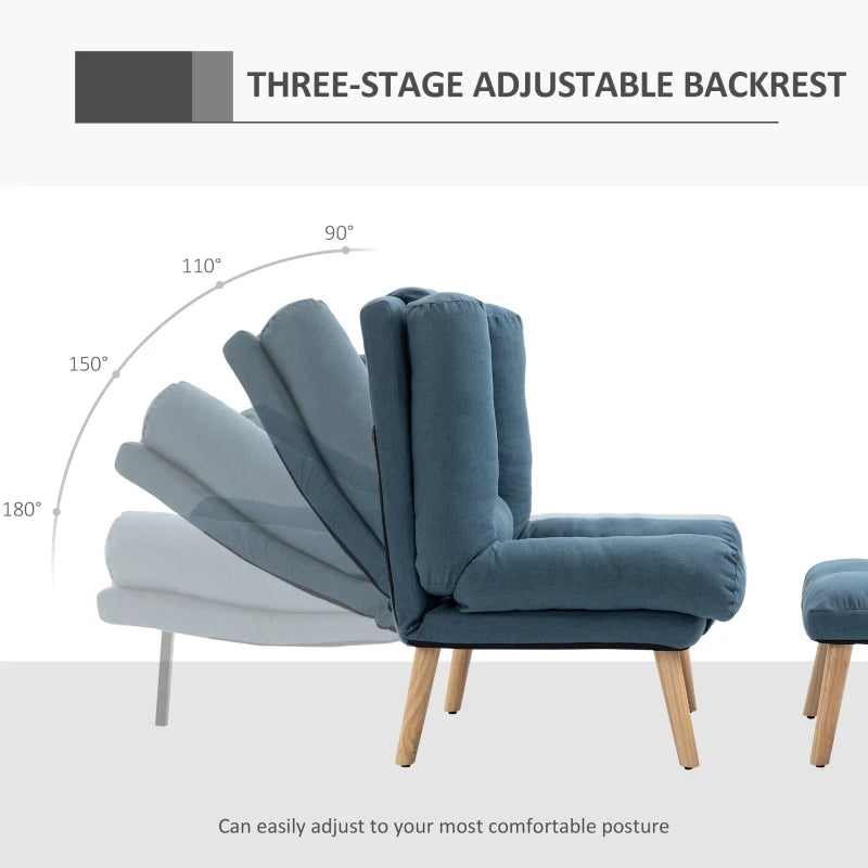 Blue Accent Armchair with Footstool, 180° Recliner and Adjustable Backrest, Stylish Wooden Legs for Living Room