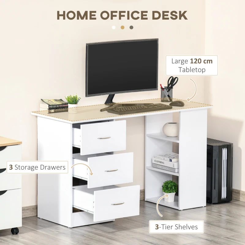 Modern White Computer Desk with 3 Storage Shelves & Drawers, Stylish Writing Table for Home Office, Silver Handle