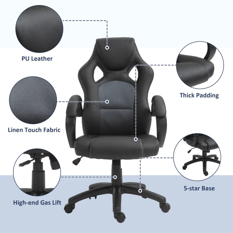 Vinsetto Black Faux Leather Swivel Office Chair with Wheels & Armrests - Ergonomic Computer Desk Chair for Home Office
