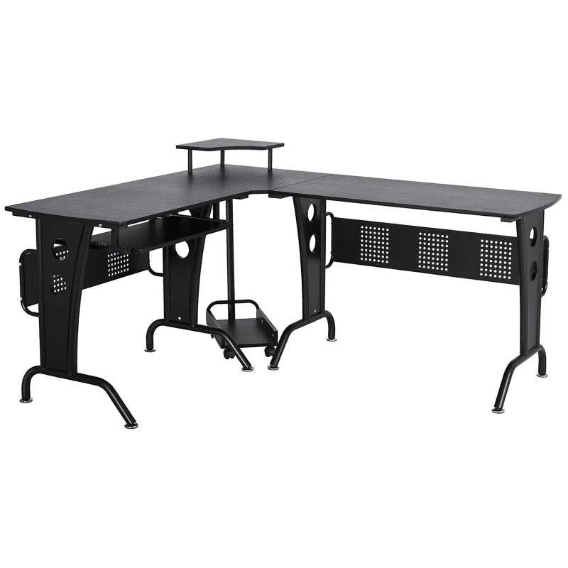 L-Shaped Gaming Desk with CPU Rack & Keyboard Tray - Space-Saving Steel Frame Home Office Desk, 165x145cm, Black