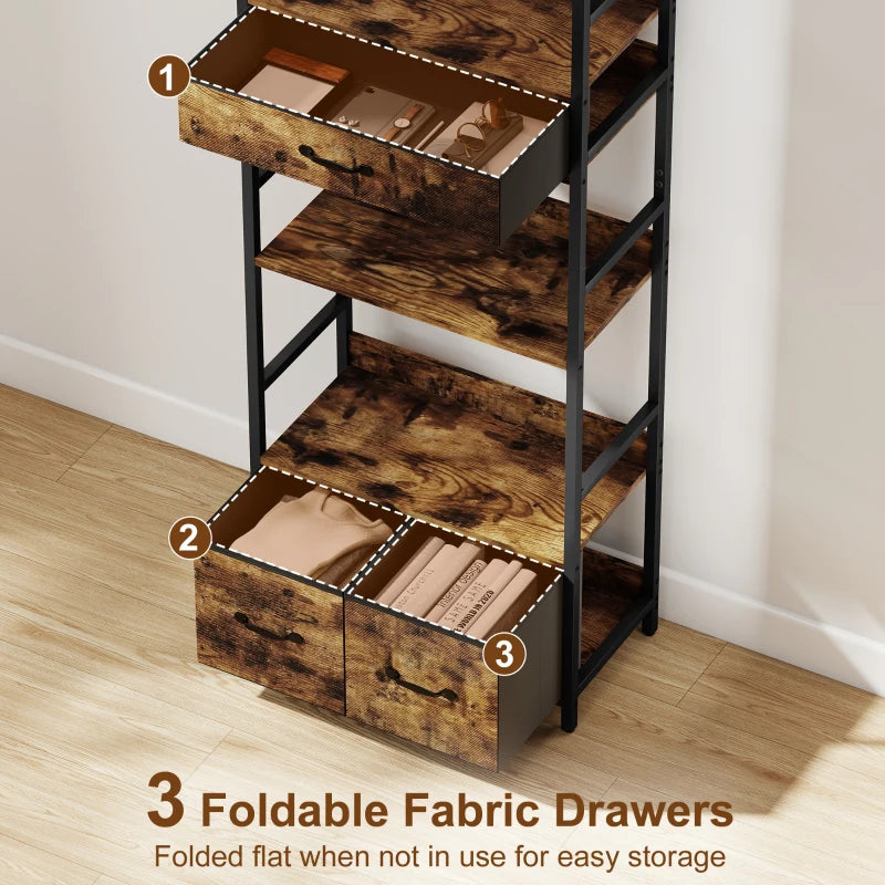 Industrial Style Bookcase with 4 Shelves & 3 Fabric Drawers - Brown & Black Storage Solution for Home or Office
