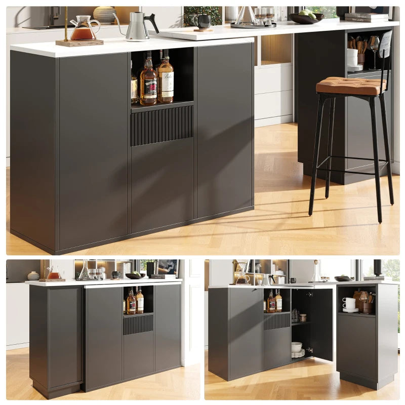 360° Swiveling Kitchen Island with Marble Top & Storage - Stylish Bar Table for Kitchen & Living Room, Black, 198.5L x 30W x 72.5H cm