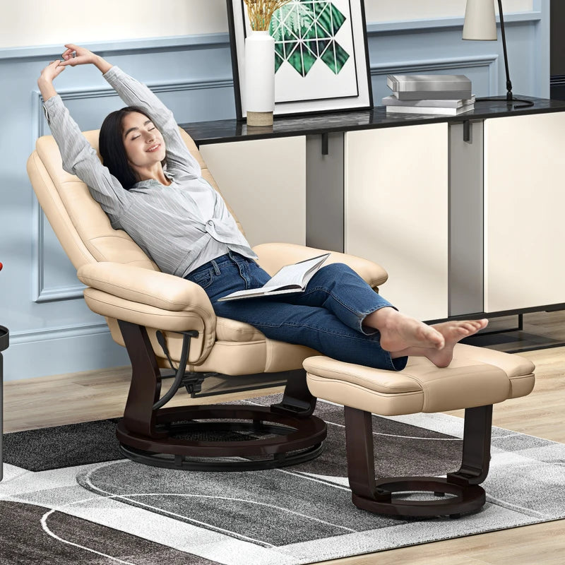 Beige Faux Leather Reclining Chair with Footstool - 135° Adjustable Comfort for Home or Office