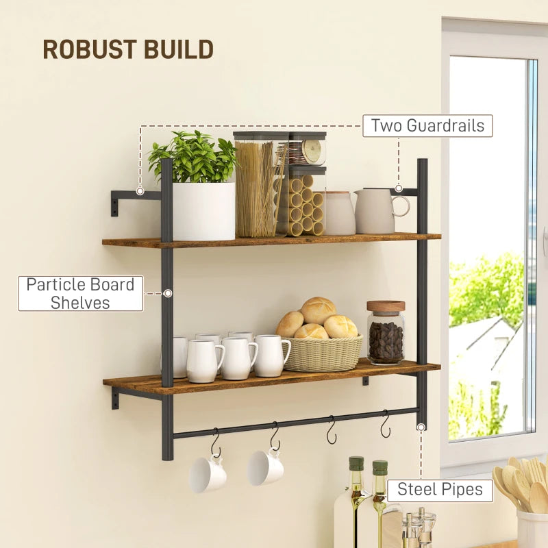 Rustic Wall Mounted Floating Shelves with 4 Hooks - Stylish Shelf Unit for Living Room & Entryway - Rustic Brown Finish