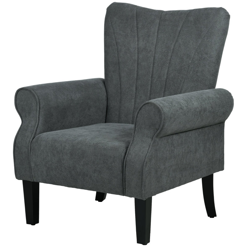 Stylish Upholstered Accent Chair with Rolled Arms and Wooden Legs for Living Room or Bedroom in Grey