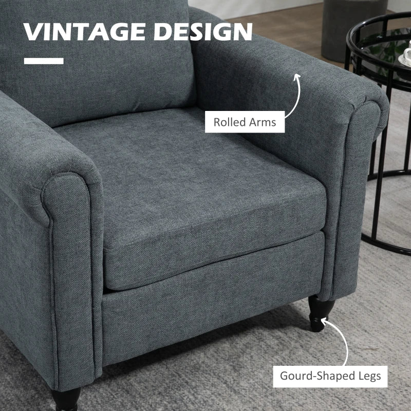 Vintage Upholstered Accent Chair with Back Pillow and Rolled Arms, Grey Fabric, Rubber Wood Legs