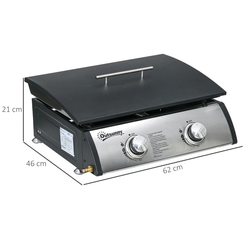 Portable Gas Plancha Grill - Stainless Steel Burners, 10kW, Non-Stick Griddle (Black)