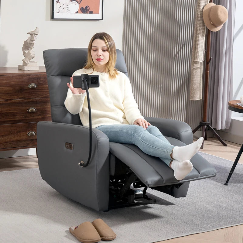 Electric Recliner Armchair with USB and Type C Charging, Phone Holder, Adjustable Leg Rest, Grey PU Leather for Living Room