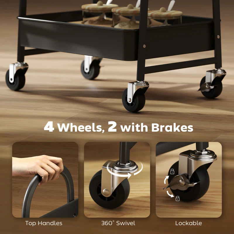 Rustic Brown & Black 3-Tier Kitchen Storage Trolley on Wheels with Cover Top Board - Stylish & Functional