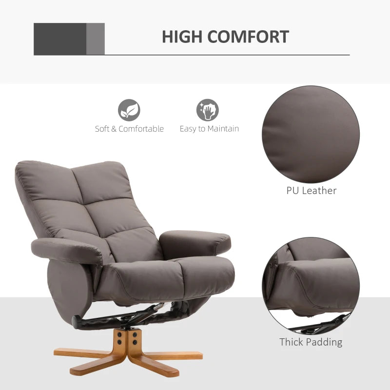 Swivel Reclining Armchair with Ottoman, Faux Leather Chair with Wooden Base and Storage Footstool for Living Room, Brown