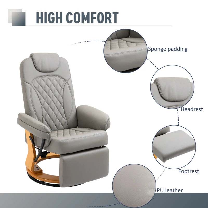 Comfortable PU Recliner Chair with Footrest and Headrest, Stylish Round Wooden Base for Living Room, Bedroom, or Office, Grey