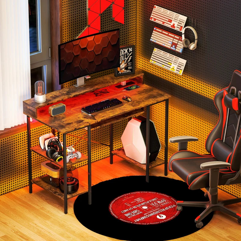 Rustic Brown Computer Desk with LED Lights & Power Outlets - 120x55 cm Gaming Desk with Monitor Stand & Storage Shelves