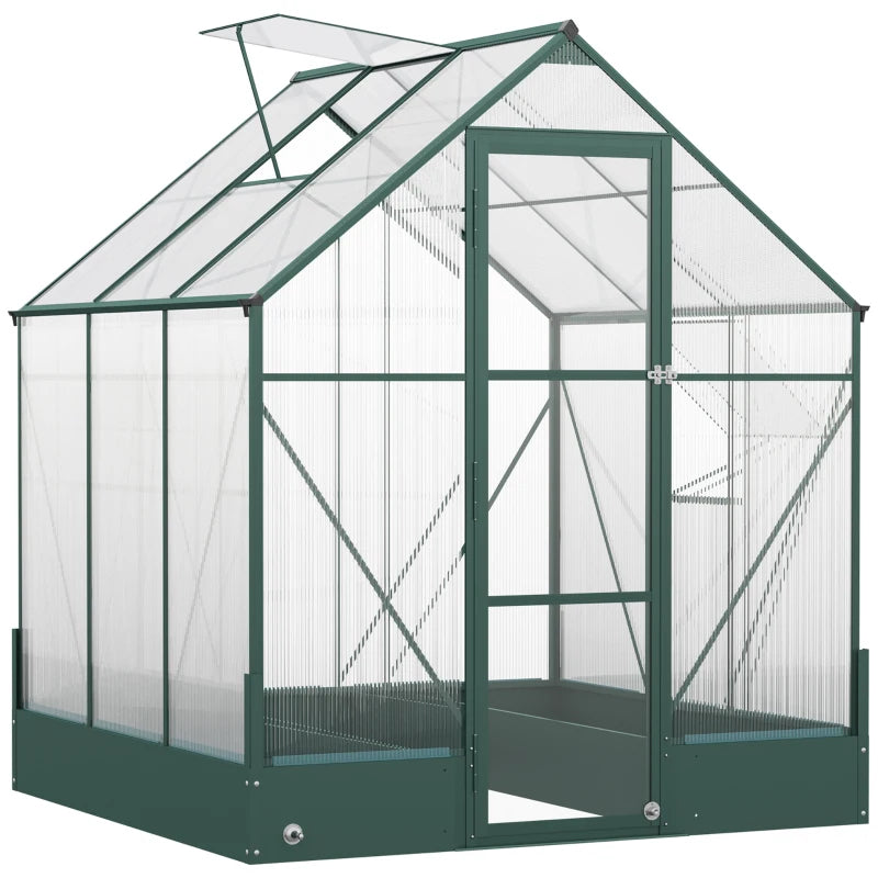 Green Polycarbonate Garden Greenhouse with Plant Bed, 6x6ft