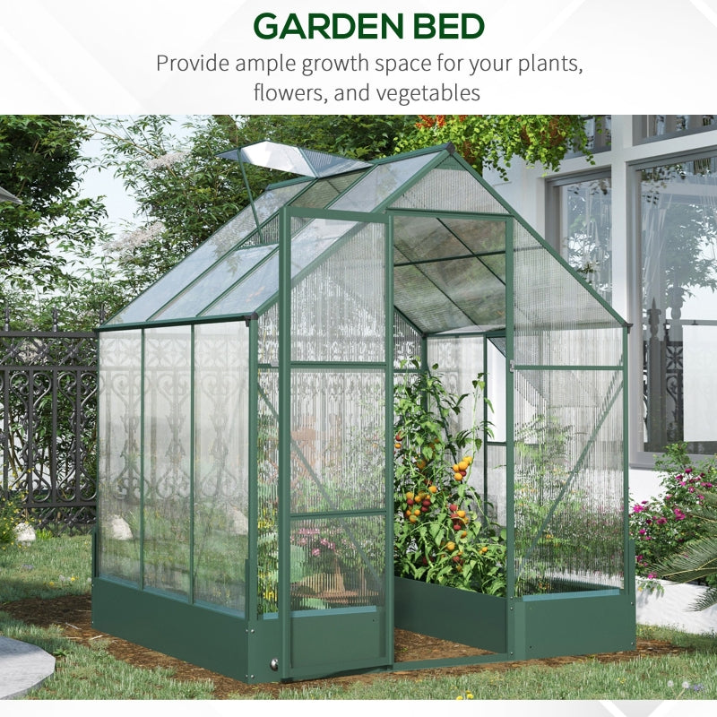 Green Polycarbonate Garden Greenhouse with Plant Bed, 6x6ft